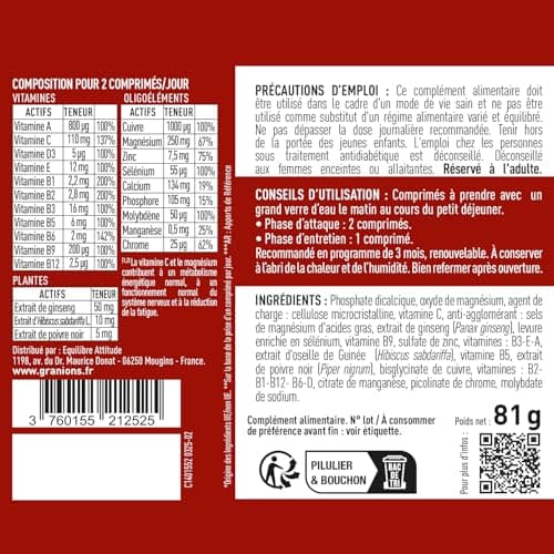 GRANIONS 23 VITAMINS - Magnesium, Vitamin D, Vitamin C, Zinc, Chrome, Ginseng, Selenium, Iodine - Energy & Vitality - Anti Fatigue - 90 Tablets - 3 Months Format - Made in France - Image 6
