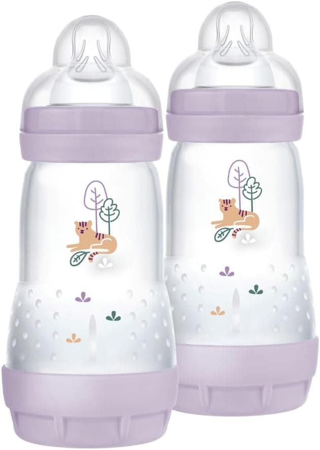 MAM MAM Easy Start Lot de 2 biberons anti-coliques, pour l'allaitement mixte, réduit les bulles d'air et le risque de coliques, accessoire pour bébé de 2 mois et plus, avec tétine taille 2 - Violet