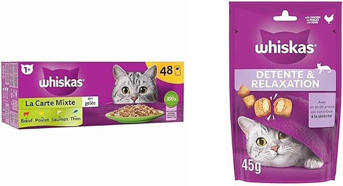 WHISKAS La Carte Mixte 48 Fresh Sachets (4 Varieties) Complete & Balanced Jelly Pate for Sterilised Cats + Whitka Relax Unwind Relaxation Chicken Treats 8 Packs of 45 g - Image 1
