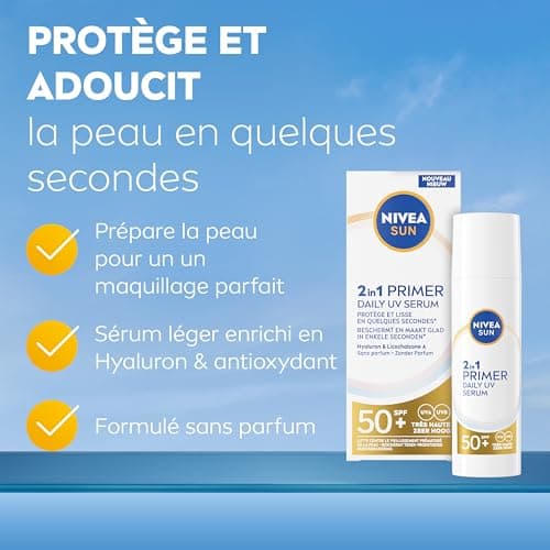 NIVEA SUN Sérum Primer Quotidien UV 2en1 SPF 50+ (1 x 30ml) — Sérum Visage hydratant enrichi en Acide Hyaluronique — Base de maquillage — Soin avec écran solaire visage SPF 50+ sans parfum - Image 4