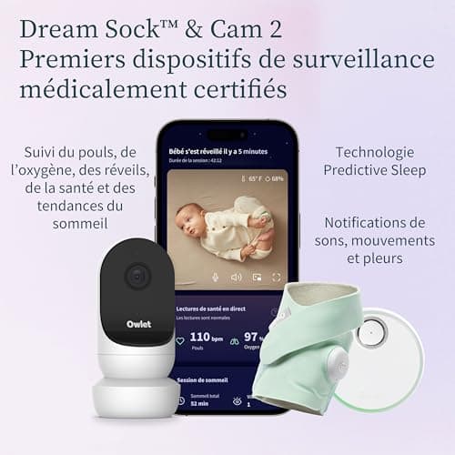 Owlet® Dream Duo 2 Système de surveillance intelligent pour bébé : Dream Sock® & Owlet Cam 2- Suivi du pouls et de l'oxygène et vidéo HD - Mint - Image 3