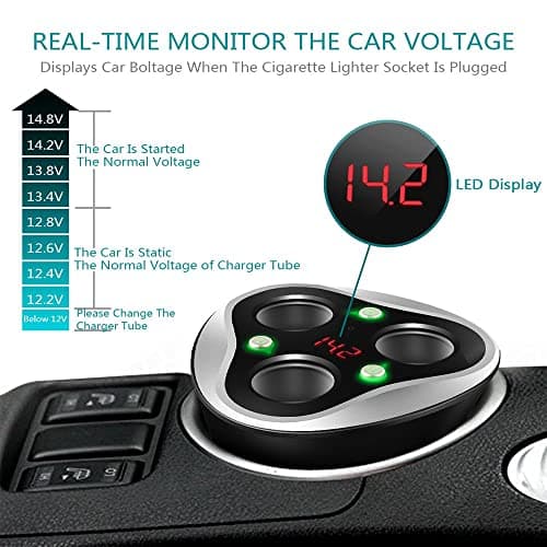 3 Cigarette Lighter Socket Adapter + 3 USB Ports Car Charger, 120 W 12/24 V with LED Voltage Display Separate On/Off Switch for GPS Mobile Phone & Car Camera (Black) 1 - Image 3