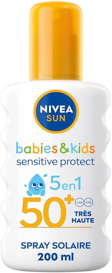 NIVEA SUN Kids Spray solaire Protect & Play Sensitive FPS 50+ (1x200 ml), protection anti UV sans parfum & ultra résistante à l’eau, écran solaire enrichi en aloe vera - Image 1