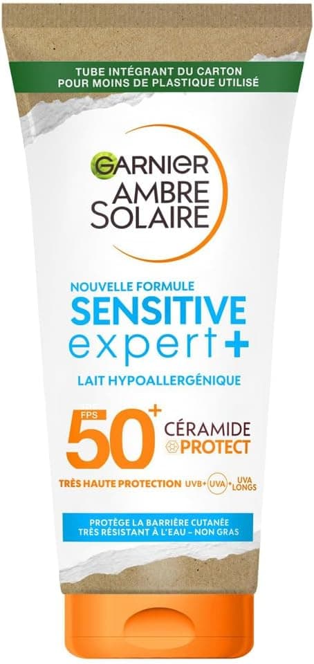 GARNIER Ambre Solaire Sensitive Expert+ - Lait Solaire FPS 50+ - Protège des UVA, UVB, & UVA Longs - Texture Légère - Résiste à L'eau - Céramides - Tous Types de Peaux - 175 ml - Image 1