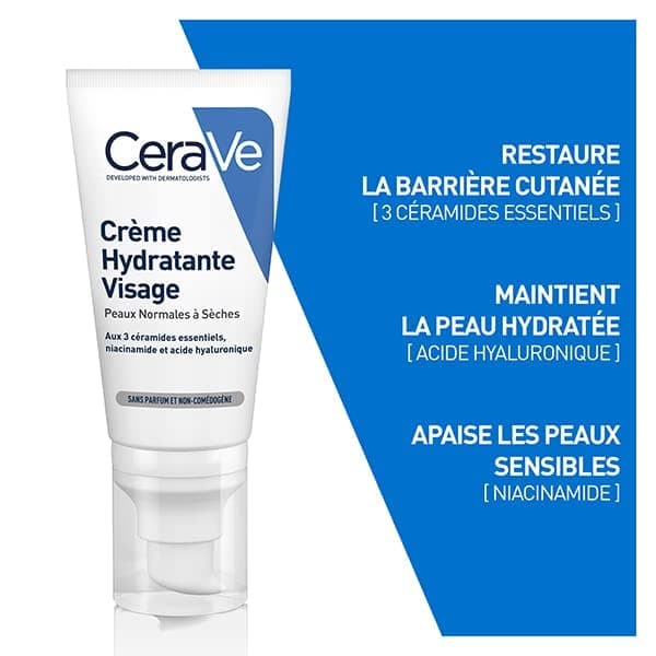 CeraVe Soins Crème Hydratante Visage Peaux Normales à Sèches 52ml pour Peau Normale, Peau Sèche à Très Sèche - Image 4