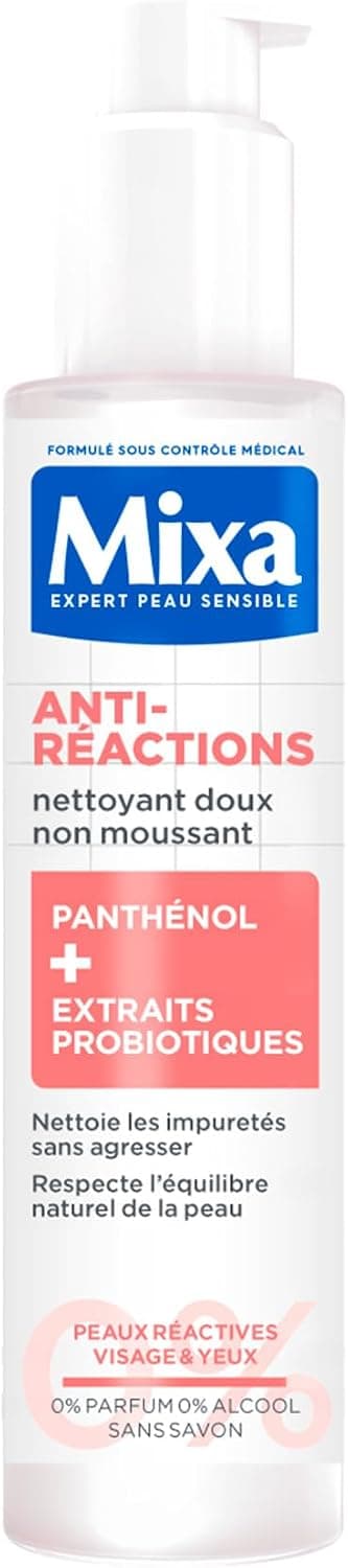 MIXA - Nettoyant Visage Anti-Réactions - Elimine les Impuretés Sans Agresser - Non Moussant, Sans Parfum, Sans Savon - Panthénol + Extraits Probiotiques - Tous Types de Peaux Réactives - 150 ml - Image 1
