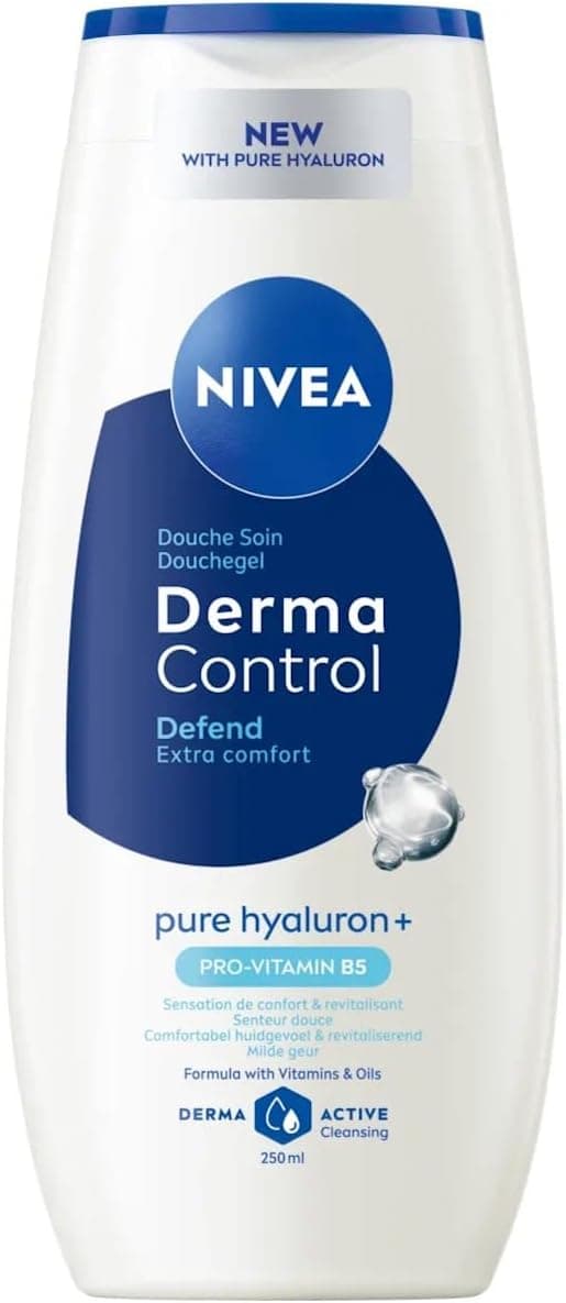 NIVEA NIVEA - Gel Douche Corps Derma Control Defend - Sensation De Confort & Revitalisant - Enrichi En Acide Hyaluronique Pur & Pro-Vitamine B5 - Senteur Douce - pH Neutre - Tous Types De Peaux - 250 ml