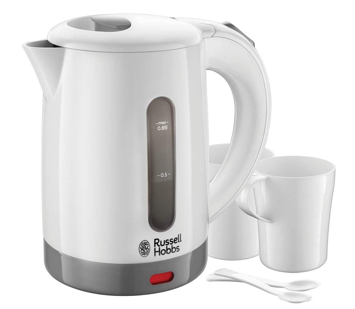 Russell Hobbs Travel Electric Kettle [Small & Light] (Ideal for Travel, 850 ml, 1000 W, 2 Cups + Spoons Included, Universal Voltage, Visible Water Level, Anti-Limescale Filter) 23840-70