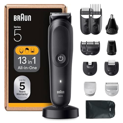 Braun Tondeuse Electrique Tout-En-Un Pour Hommes Series 5 AIO5565 Noir, etanche, Kit De Rasage 13-En-1 Avec Lame Ultra Affûtée, Coffret Avec 8 Sabots Pour Les Cheveux, La Barbe, Le Nez et Le Corps - Image 2