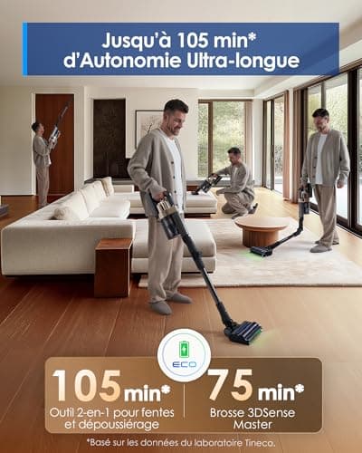 Tineco Pure One A90S Aspirateur Balai sans Fil, 270AW d’Aspiration, 105 Min d'autonomie, Brosse 3DSense Master, Lumière LED Verte à 150°, Pliable à 180°, Adapté aux Poils d'animaux/Tapis/Sols Durs - Image 5