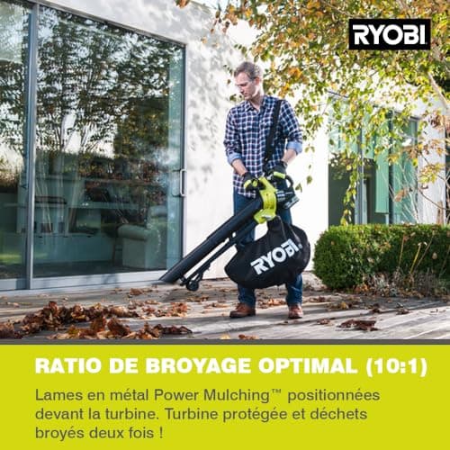 RYOBI - Souffleur Électrique sans Fil Aspiro-Broyeur à Batterie 18V One+ Brushless - Utilisations Nettoyage Feuilles Mortes, Allées, Terrasses, Pelouse et Petits Jardins - 1 Sac Étanche 35L - OBV18 - Image 9