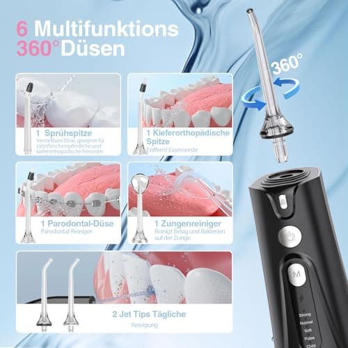 Water Flosser Dental Jet: Oral Irrigator with 5 Modes, 300ml Water Tank, IPX7 Waterproof Electric Tooth Cleaner, with 6 Tips for Gums Orthodonti Dental Appliances - Image 6