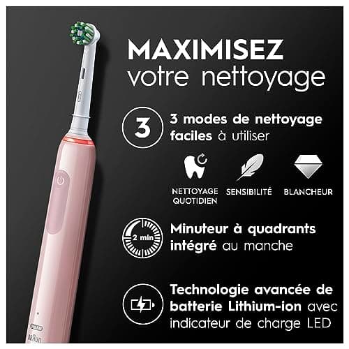 Oral-B Brosses A Dents Electriques Duo Pro 3 Noire Et Rose, Avec 3 Modes De Nettoyage 3D Dont Blancheur, Brossage Avec Des Oscillo-Rotations Et Pulsations, 3 Brossettes De Rechange RondesOral B - Image 4
