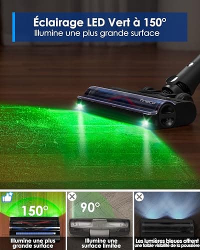 Tineco Pure One A90S Aspirateur Balai sans Fil, 270AW d’Aspiration, 105 Min d'autonomie, Brosse 3DSense Master, Lumière LED Verte à 150°, Pliable à 180°, Adapté aux Poils d'animaux/Tapis/Sols Durs - Image 7