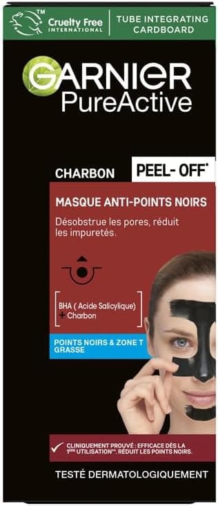 GARNIER Skin Active - Masque Peel-Off Anti-Points Noirs - Réduit les Pores & les Impuretés - Charbon & Acide Salicylique - Vegan & Cruelty Free - Zone T - Peaux Grasses à Imperfections - 50 ml - Image 1