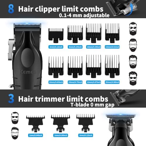 KEMEI Professional Hair Clippers for Men, Cordless Barber Clipper & Beard Trimmer/T Hair Trimmer, Aluminum Electric Razor Hair Cutting Kit for Men - Image 4