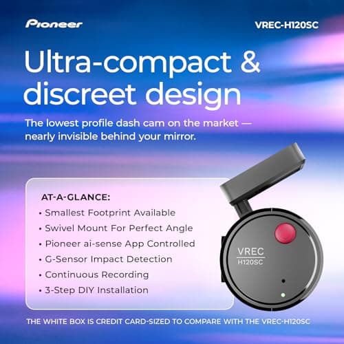 Pioneer VREC-H120SC Compact Car Dashboard Camera, 1.5K Resolution Discreet Car Camera with Impact Detection, 120 Degree Wide Angle Coverage, Built-in WiFi, Companion App, USB-C - Image 3