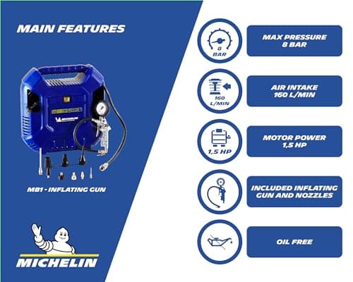 Michelin MB1 Portable Air Compressor, Oil-Free Air Compressor with 1 m Hose, Inflating Gun with Pressure Gauge and 6 Nozzles, Max Pressure 8 Bar, Power 1.5 HP - Image 3