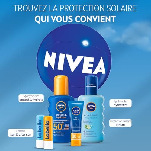 NIVEA SUN - Coffret Protection Solaire - Crème Solaire Visage FPS 30 (50 ml) + Spray Protect & Hydrate FPS 50+ (200 ml) + Spray Après Soleil (200 ml) + Duo Labello Sun & After Sun + Ballon De Plage - Image 7