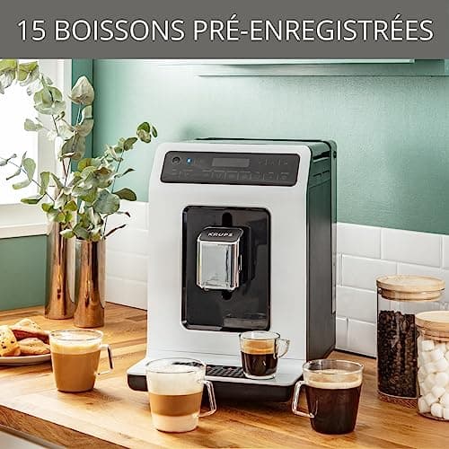 Krups Coffee Bean Machine, Grain Grinder, Espresso Maker, Cappuccino, Espresso, 15 Drinks, 2 Cups Simultaneously, Made in France, Evidence EA890110, White - Image 7