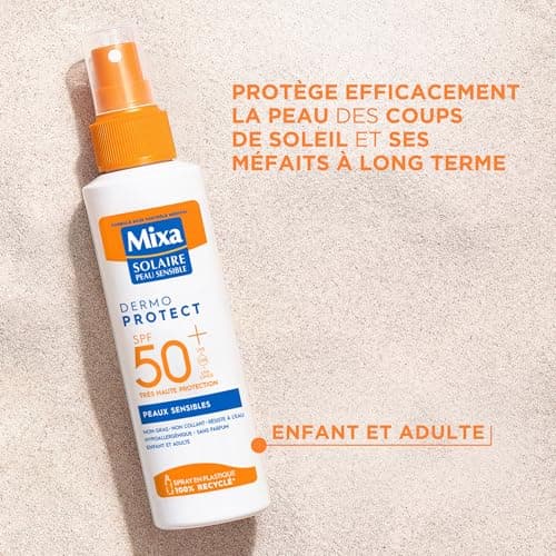 Mixa Solaire Peaux Sensibles - Spray Soin Solaire Très Haute Protection SPF 50+ UVA, UVA longs, UVB - Visage et Corps - Adultes et Enfants - Résistant à l'Eau et au Sable - Hypoallergénique - 150 ml - Image 3
