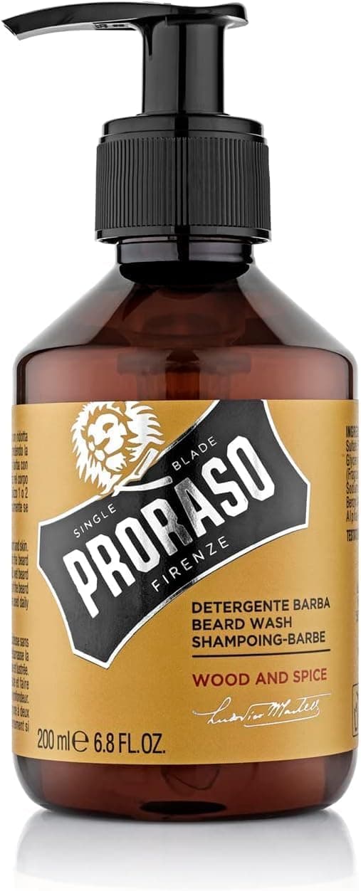 Proraso Shampoing Barbe, Soin Visage Homme Nettoyant et Adoucissant, Shampoing pour Barbe Parfum Bois & Épice, Fabriqué en Italie, 200 ml