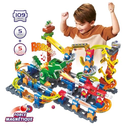 VTech - Marble Rush, Electronic Ball Circuit Dino Adventure Magnetic Set XL400E, Dinosaur Magnetic Building Set, 100 Pieces, 10 Balls, Gift for Children from 4 Years Old - Image 6