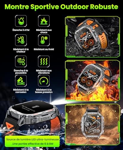 GPS Men's Smart Watch, 2.13 Inch AMOLED Military Smartwatch with LED Torch/Compass/100+ Sports Modes/580 mAh Battery/Health Monitoring/Bluetooth Calls for Android iOS (Black) - Image 4