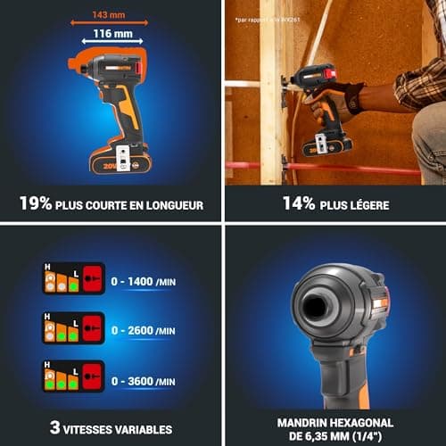 WORX Visseuse à chocs sans Fil 20V WX265.9, Couple Max de 200 Nm, 3 Vitesses, Moteur Brushless, Applications Multiples, Compacte et Ergonomique, Eclairage LED, Sans Batterie ni Chargeur - Image 9