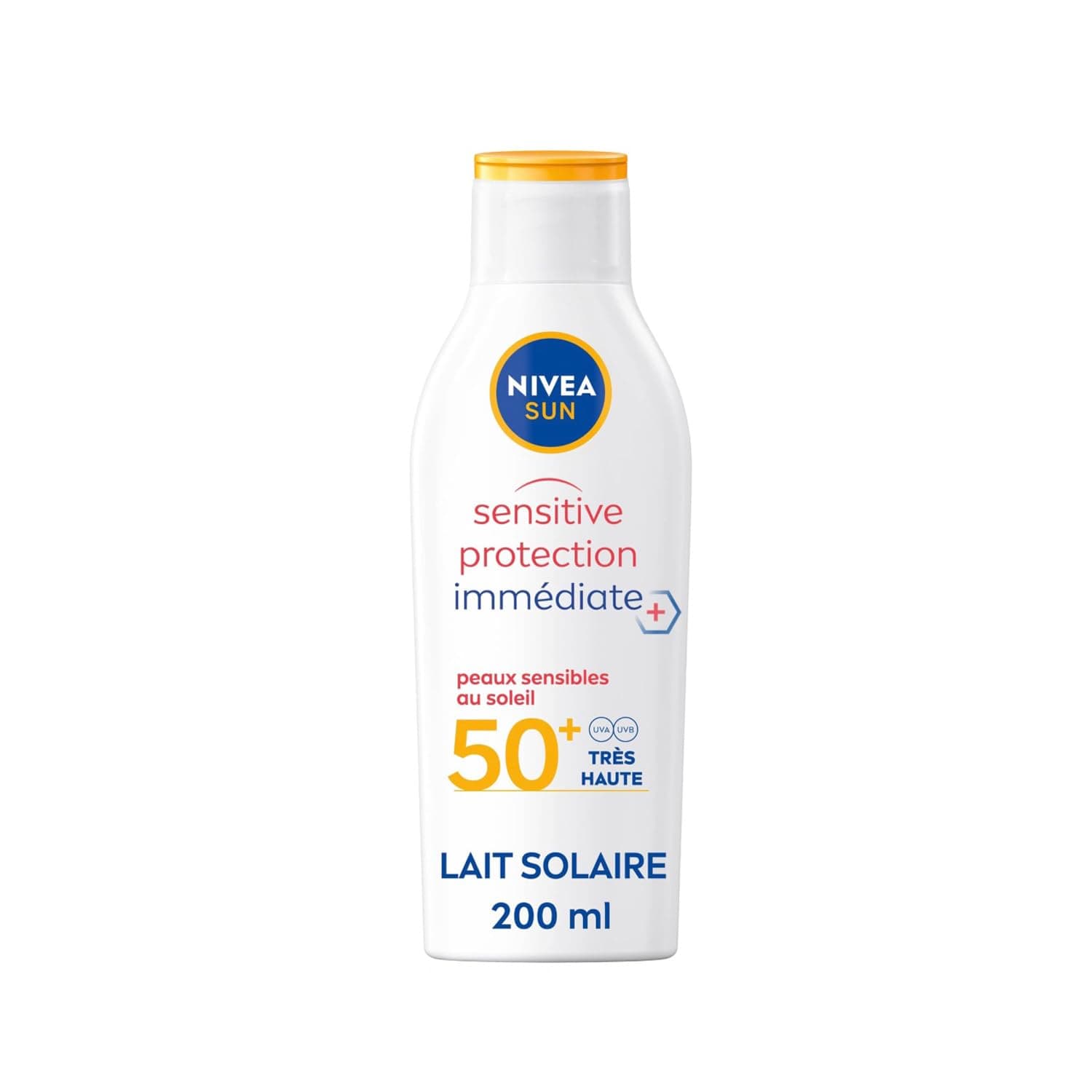NIVEA SUN Lait solaire Sensitive protection immédiate FPS 50+ (1x200 ml), protection anti UV non parfumée & résistante à l’eau, écran solaire texture légère non grasse pour peaux sensibles