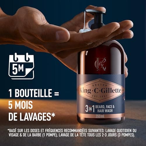 Gillette King C Nettoyant 3-en-1 Pour Barbe, Visage Et Cheveux, Revitalise Et Nettoie En Profondeur, Conçu Pour La Routine De Soin Quotidien, Doté D’Un Parfum Masculin, Formule Avec De L’Huile D’Argan - Image 5