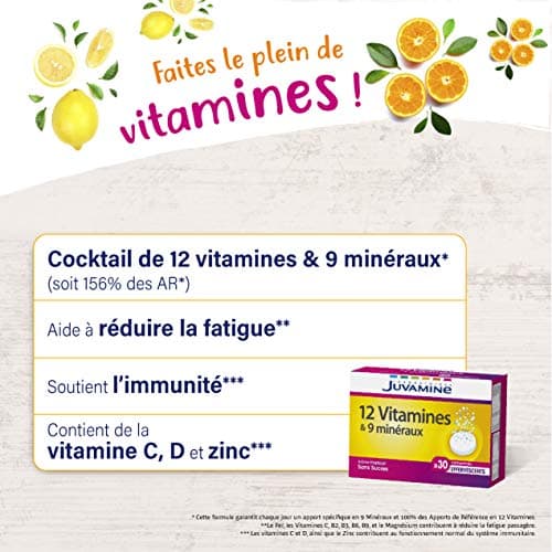 JUVAMINE 12 Vitamins & 9 Minerals, Fatigue, Stress, Vitamins C, B2, B3, B6, B9 and Iron, 30 Day Program, 30 Effervescent Tablets, Tropical Flavor, Made in France - Image 5