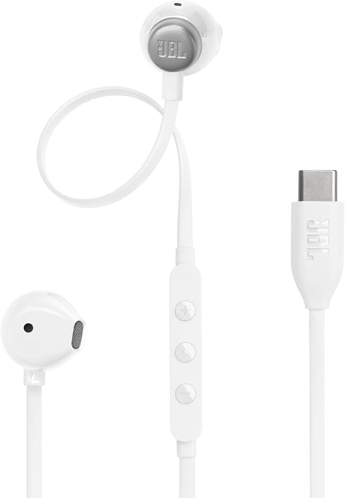 JBL Tune 305C Hi-Res Wired Earbuds, Pure Bass JBL Sound, USB-C Connection, Flat Tangle-Free Cable, Three-Key Remote with Microphone, White - Image 1