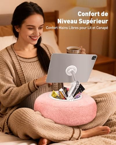 AboveTEK Kindle Cushion Holder, Magnetic iPad Stand for Bed with Snack Bowl, 360° Adjustable, Compatible with Kindle/Tablet/Phone, Comfortable Gift (Pink) - Image 4