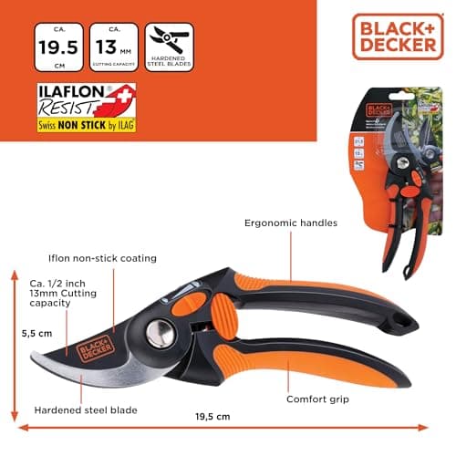 BLACK+DECKER Garden Sector - Hedge Trimmer - High Quality Steel Blades - Ergonomic Handle Branch Cutter - Sector 13 mm Blow Capacity - Black/Orange - Image 3