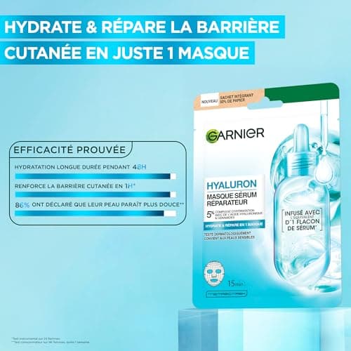 GARNIER Skin Active - Masque Tissu Booster d'Hydratation - Hydrate La Peau En 15 min - Acide Hyaluronique, Glycérine, Aloe Vera - Vegan & Cruelty Free - Tissu Compostable - Peaux Sèches & Sensibles - Image 3