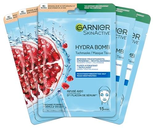 Garnier Set de Masques en Tissu pour le Visage à la Grenade pour Peau Sèche, Revitalisant et Hydratant, Avec Acide Hyaluronique et Extrait de Grenade, SkinActive, Hydra Bomb, 5x 28g - Image 3