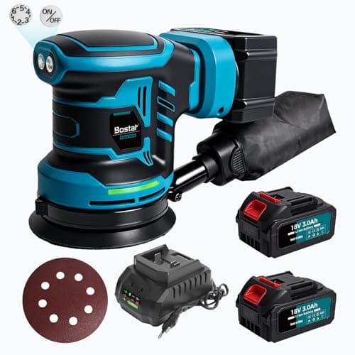 Bostar 18V Cordless Eccentric Sander, Ø125mm Brushless Motor, 2 Batteries 3.0Ah, Max. 21000 rpm, 6 Speed, Dust Bag, Orbital Sander for Wood and Car, Compatible Makita 18V - Image 2
