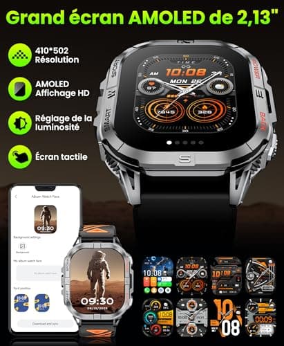 GPS Men's Smart Watch, 2.13 Inch AMOLED Military Smartwatch with LED Torch/Compass/100+ Sports Modes/580 mAh Battery/Health Monitoring/Bluetooth Calls for Android iOS (Black) - Image 6
