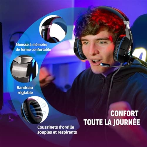 Ozeino Gaming Headset for PS5 PC PS4, Gaming Headset for Micro RGB 7 Colors Transducers 50mm Stereo Bass Mic Adjustable Noise Cancelling Compatible with Switch Xbox Series X & S-Blue Black - Image 7