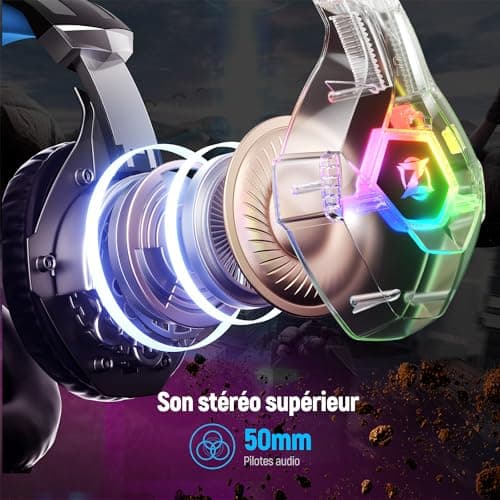 Ozeino Gaming Headset for PS5 PC PS4, Gaming Headset for Micro RGB 7 Colors Transducers 50mm Stereo Bass Mic Adjustable Noise Cancelling Compatible with Switch Xbox Series X & S-Blue Black - Image 5