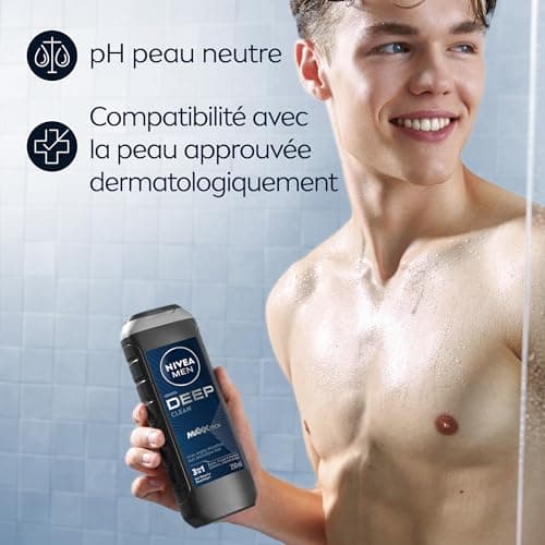 NIVEA MEN Gel Douche Deep Clean MAXXTECH (1 x 250 ml) — Soin lavant enrichi en argile microfine & technologie MaxxTech — Gel douche homme 3 EN 1 Corps Visage & Cheveux pour peaux à impuretés - Image 6