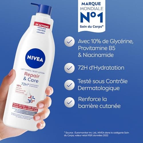 NIVEA REPAIR & CARE Lait Réparateur Corps Peaux Très Sèches (1x 250 ml) - Lait Corps Hydratant à la Glycérine, Provitamine B5 & Niacinamide - Crème Hydratante peaux rugueuses extra sèches - Image 3