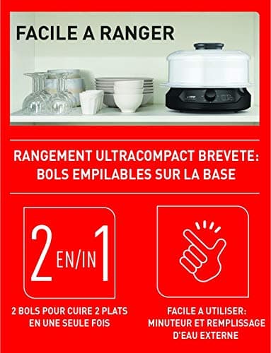 Seb Ultracompact Steamer, Healthy Cooking, 9 L, 800 W, 3 Stackable Bowls, Rice and Cereal Tray, 60 Minute Timer, Automatic Shut-off, Visible Water Level, Easy to Store VC204800 - Image 3