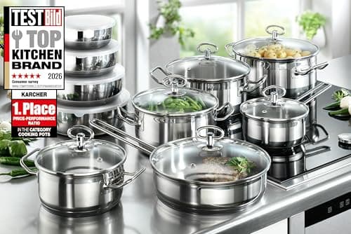 Karcher Jasmine Saucepan Set (Stainless Steel, 20 Pieces, Including Glass Lid and Stainless Steel Bowl Set, Induction) - Image 3