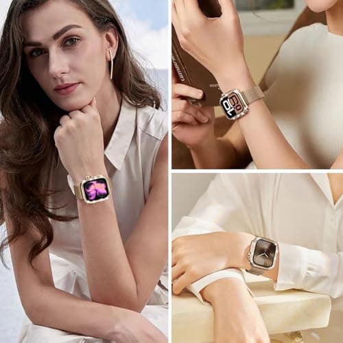 Amizee 2 in 1 Metal Bling Case Compatible with Apple Watch Series 11/10 46mm with Women, Shine Diamond Protector Metal Bumper Cover for iWatch 46mm, Rose Gold/White - Image 8