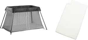 BabyBjörn Umbrella Bed Light, Black & Fitted Sheet for Umbrella Bed, White