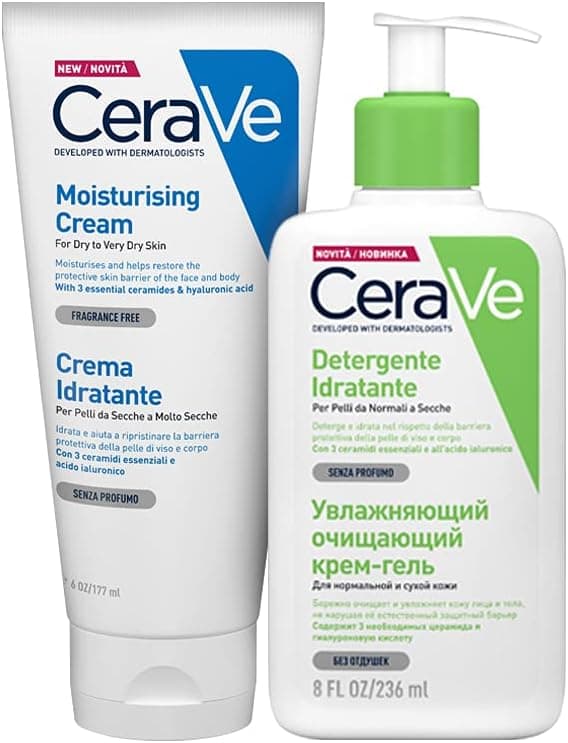CeraVe Crème hydratante pour peau sèche pour le visage et le corps - 177 ml + nettoyant hydratant pour le visage et la peau sèche - Avec acide hyaluronique - 236 ml - Image 1