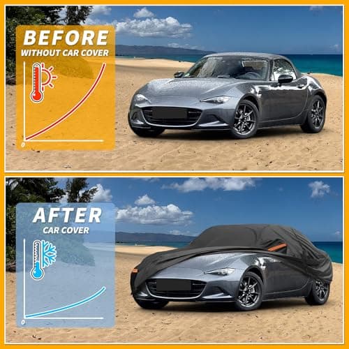 All Weather Waterproof Car Cover for Automobile Outdoor Anti-UV Sun and Rain Protection for Mazda MX-5 Miata 190T-Pu Black Reflective Strips - Image 5