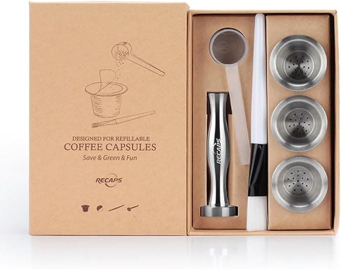 RECAPS Reusable Coffee Capsule, Refillable and Reusable Capsule Compatible with Nespresso Originaline BUT NOT ALL (3 Pods +120 Lids +1 Press +1 Spoon) - Image 1